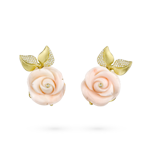 Angel Skin Coral & Diamond Rosebud Clip Earrings